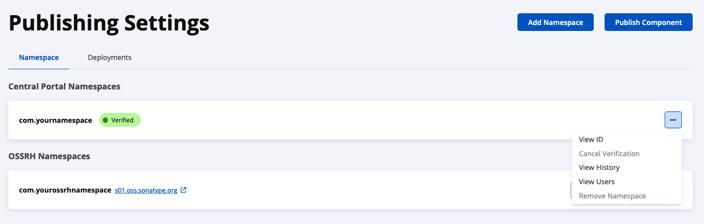 A screenshot of the namespaces page that shows the menu activated by the More Actions button